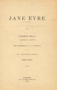 Title page of an early edition of Jane Eyre, showing Charlotte Bronte's pseudonym Currer Bell. Creative Commons licence.